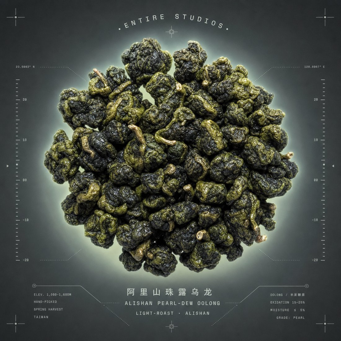 Dark pu-erh nuggets arranged on a grey studio sweep with corner crop marks, dashed rules and a column of specification data below